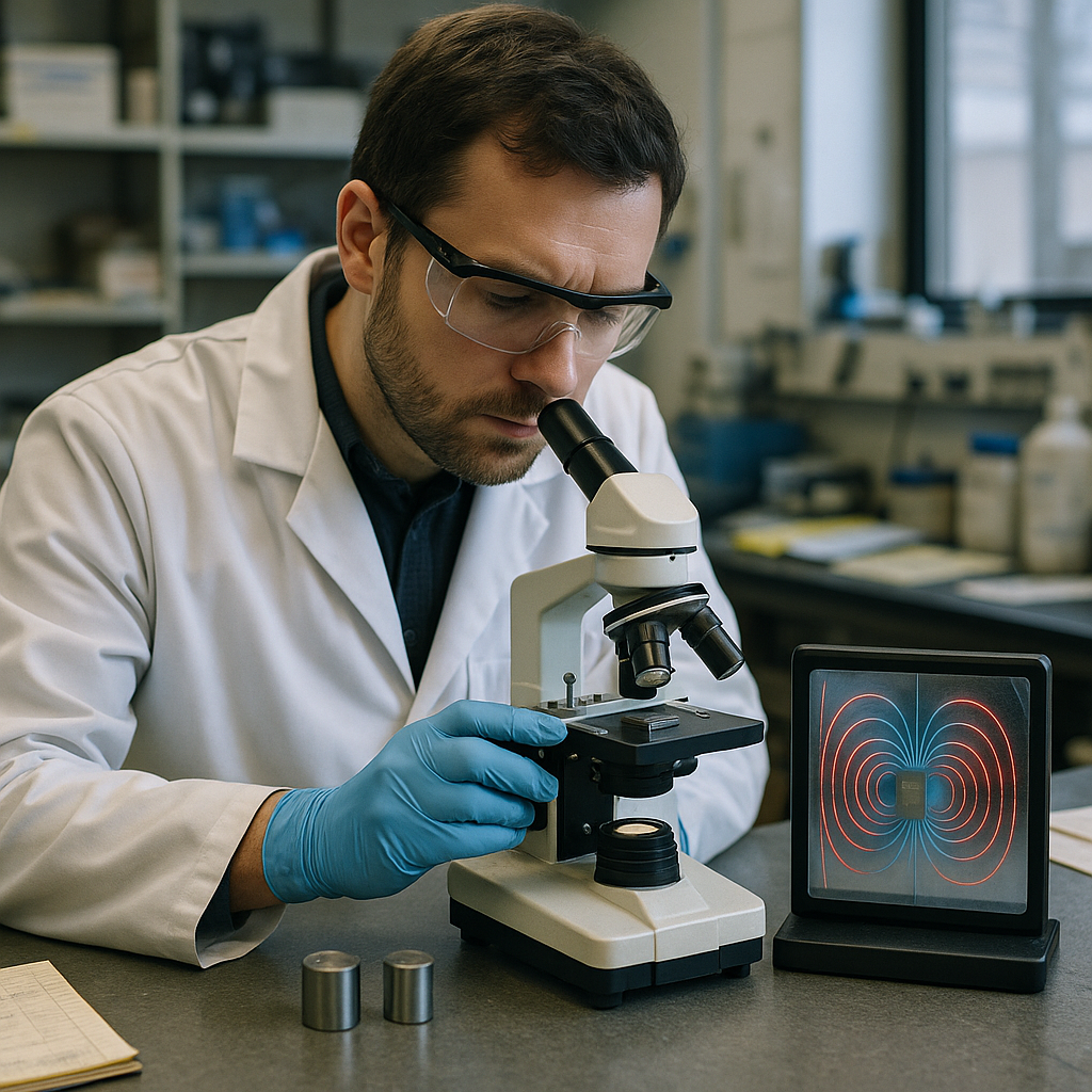 Scientist examining steel samples under a microscope with a magnetic field visualizer nearby.
