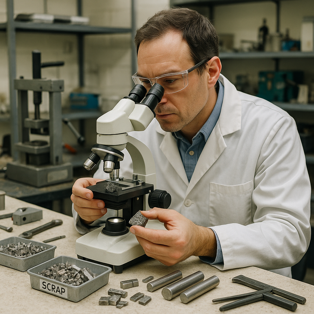 Scientist Examining Alloy Under Microscope Scientist examining complex alloy under microscope, surrounded by various metal samples and recycling equipment