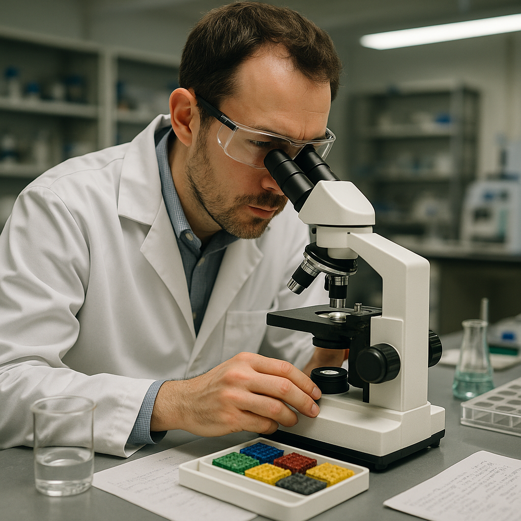 Scientist Examining Magnetic Alloy Samples Scientist examining colorful magnetic alloy samples under microscope in a lab setting.