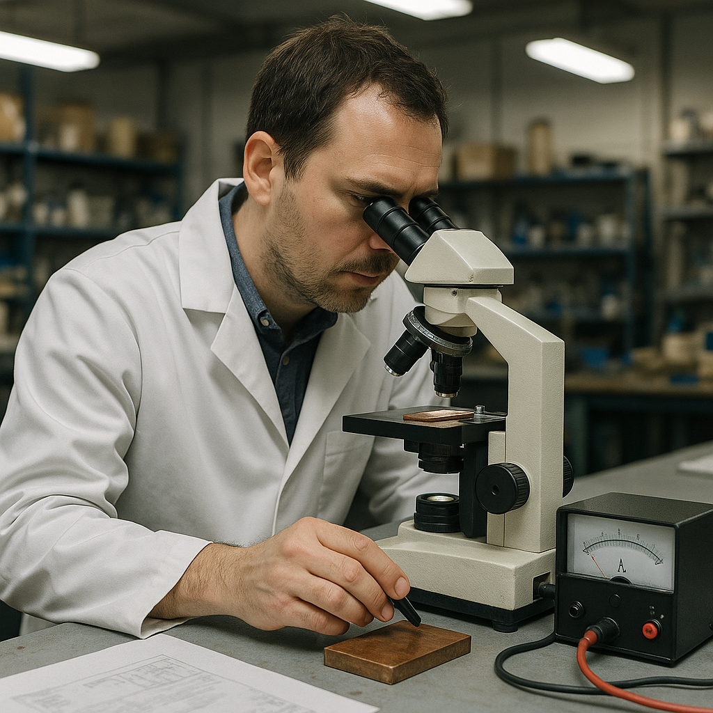 Scientist Examining Copper Alloy under Microscope Scientist in lab coat examining copper alloy sample under microscope with magnetic testing equipment nearby