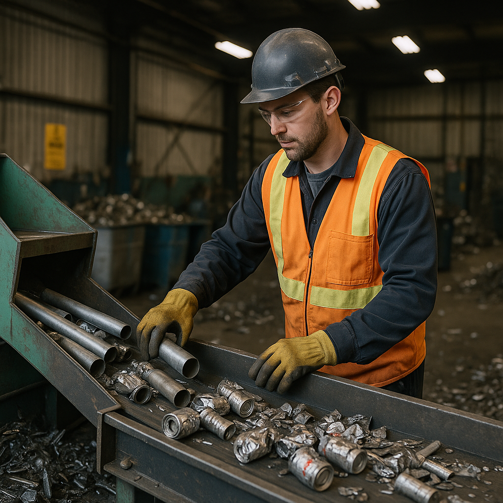 Worker in Scrap Metal Recycling Facility Worker operating machinery in a scrap metal recycling facility, sorting and processing various metal items