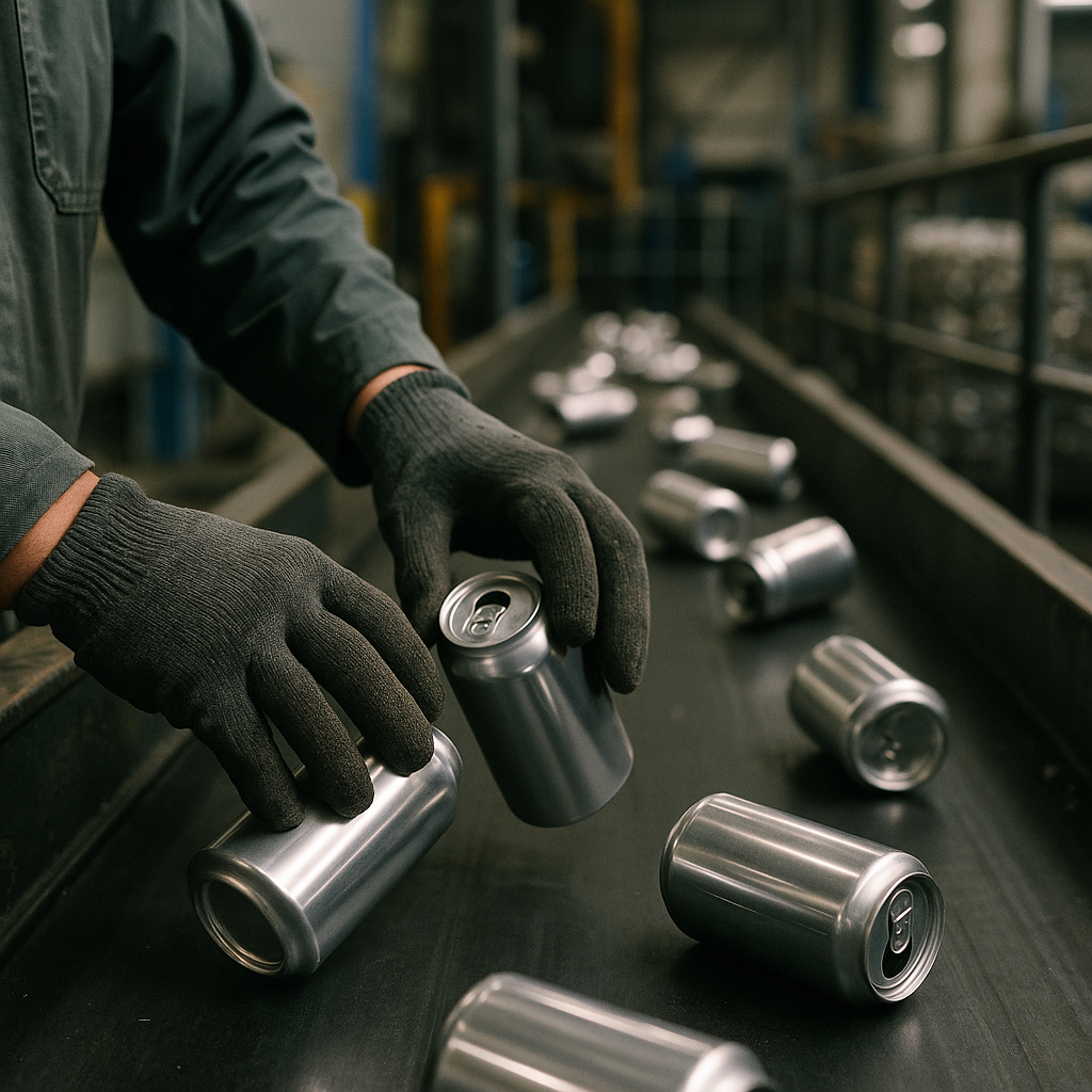 Sorting Aluminum Cans Close-up of hands sorting shiny aluminum cans on a conveyor belt in an industrial recycling facility.