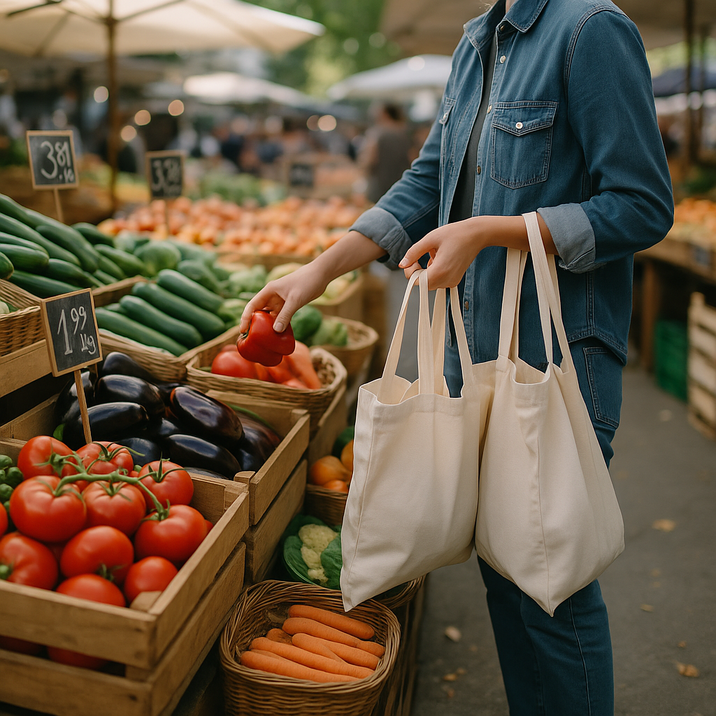 Shopper with Reusable Bags at Farmer's Market Shopper with reusable bags selecting package-free produce at a farmer's market