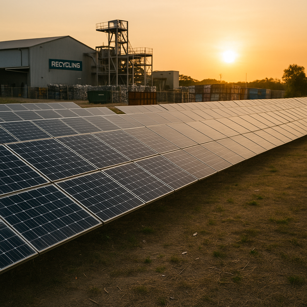 Solar Farm at Sunset Solar farm at sunset with recycling facility in the background, symbolizing the circular economy of solar energy