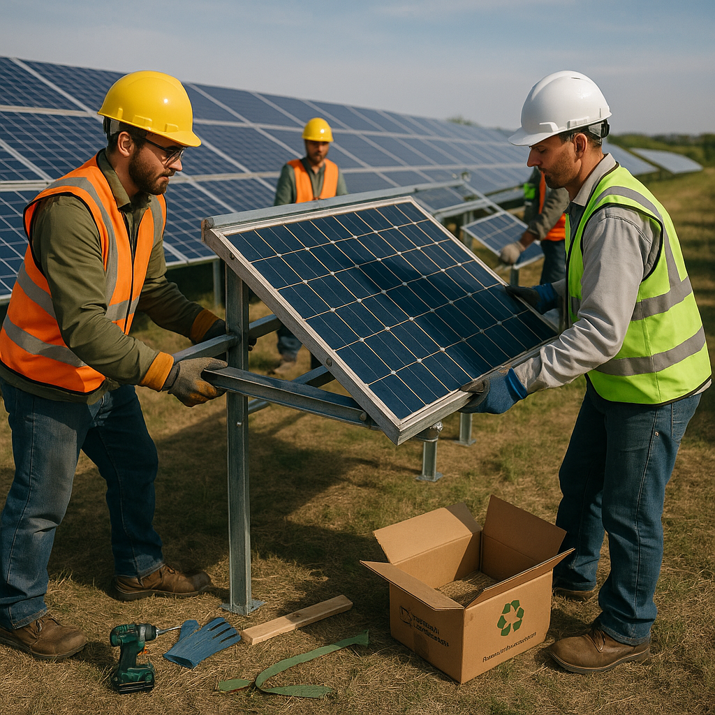 Installation of Recycled Solar Panels Solar farm with workers installing new panels made from recycled materials.