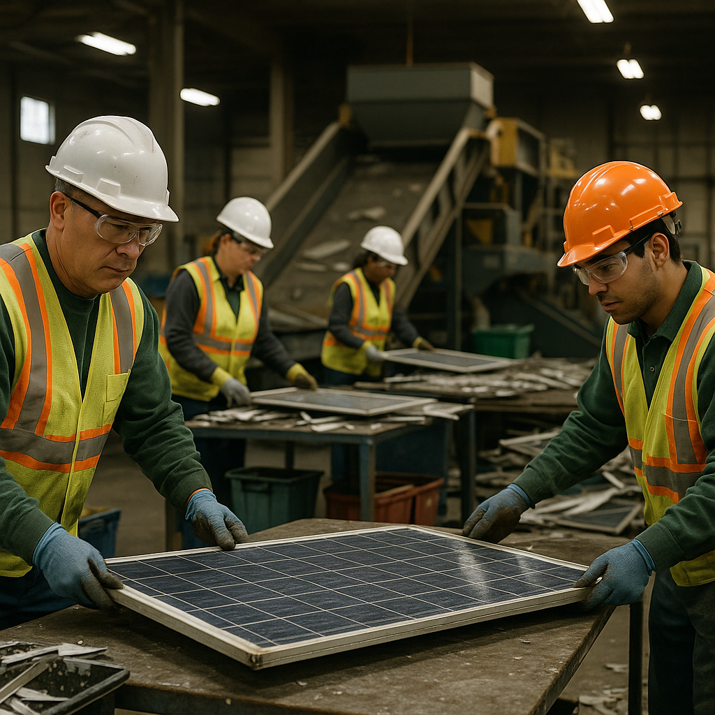 Recycling Solar Panels Workers in protective gear dismantling solar panels in a recycling facility with conveyor belts and sorting machines visible.