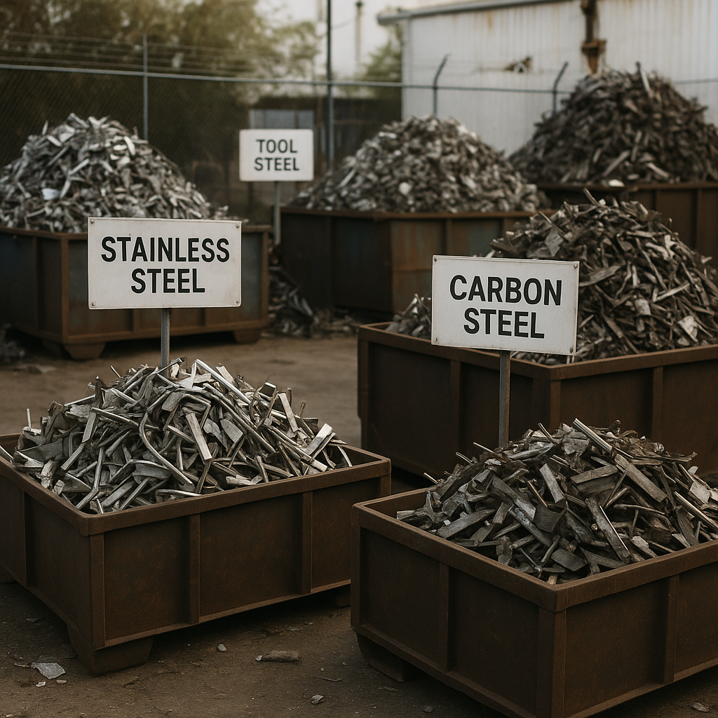 Sorted Steel Scrap in Recycling Yard Various piles of sorted steel scrap in a recycling yard labeled with category names in an industrial setting.