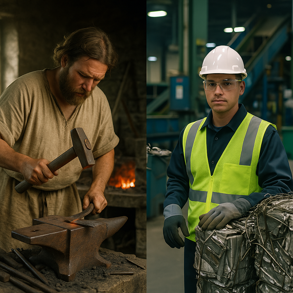 Continuity in Craftsmanship and Recycling Split-screen image of an ancient smith and a modern recycling plant worker side by side, symbolizing continuity.