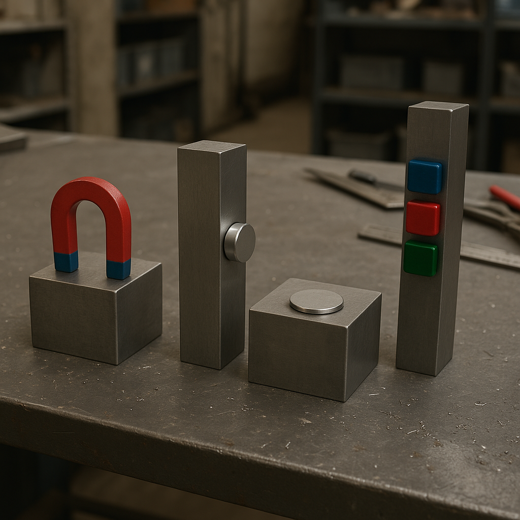 Various steel alloys arranged on a table with magnets of different strengths interacting with them.