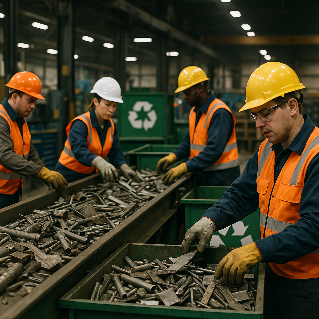 Steel Factory Recycling Scrap Metal Steel factory with conveyor belts and workers sorting scrap metal with visible green recycling symbols