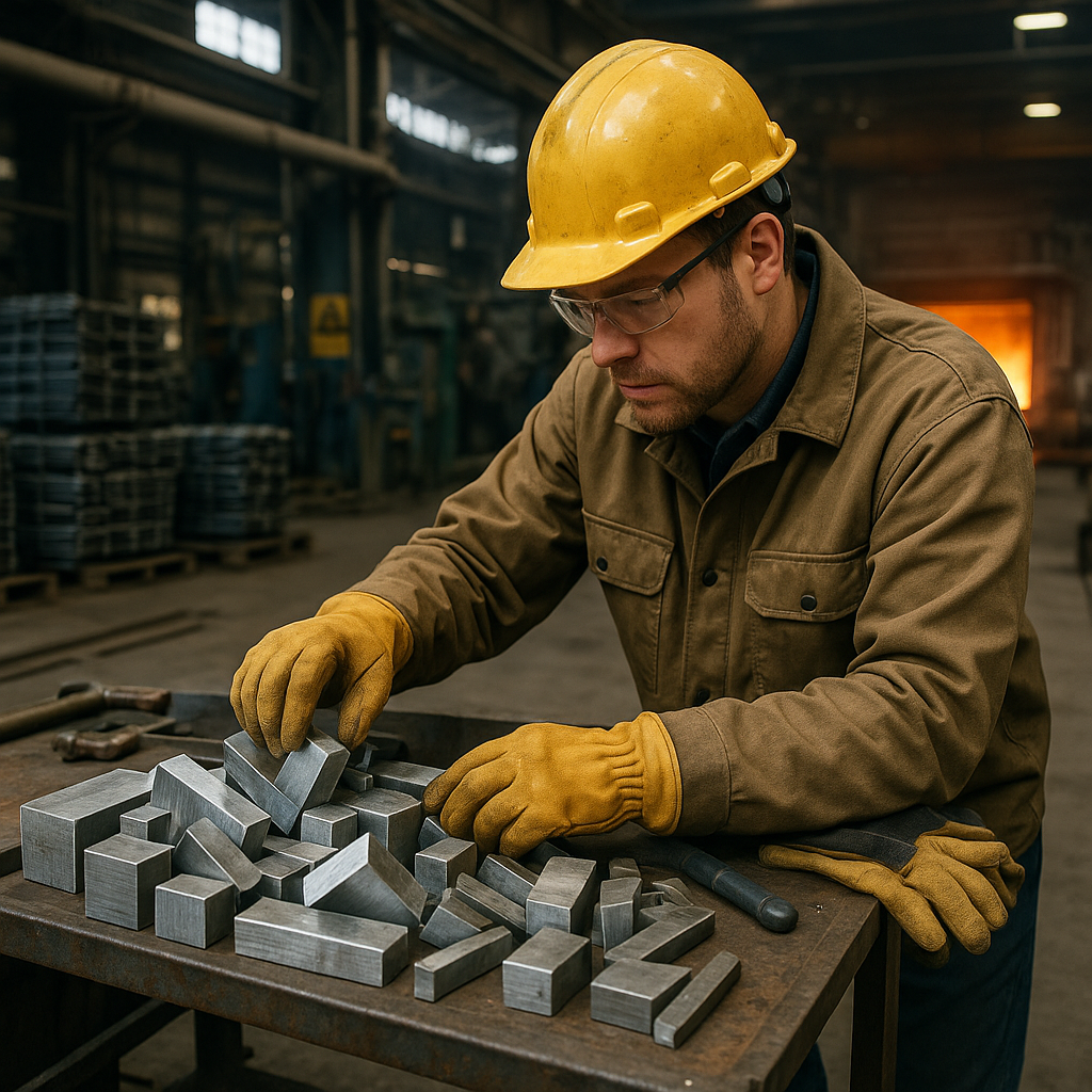 Inspection of High-Quality Sorted Scrap in Steel Mill Steel mill worker inspecting high-quality sorted scrap next to a furnace.