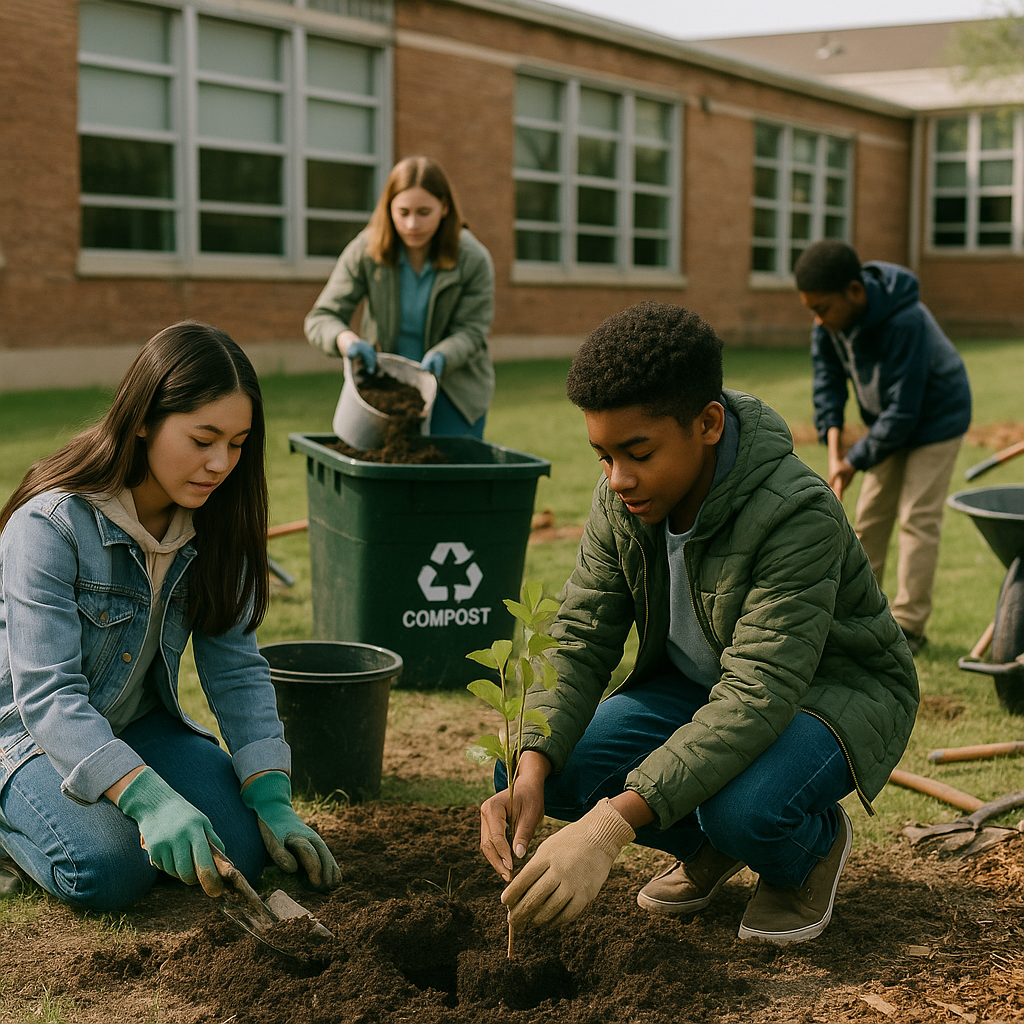 Students Planting Trees with Recycling Program Compost Diverse group of students planting trees using compost from school's recycling program, school building in background