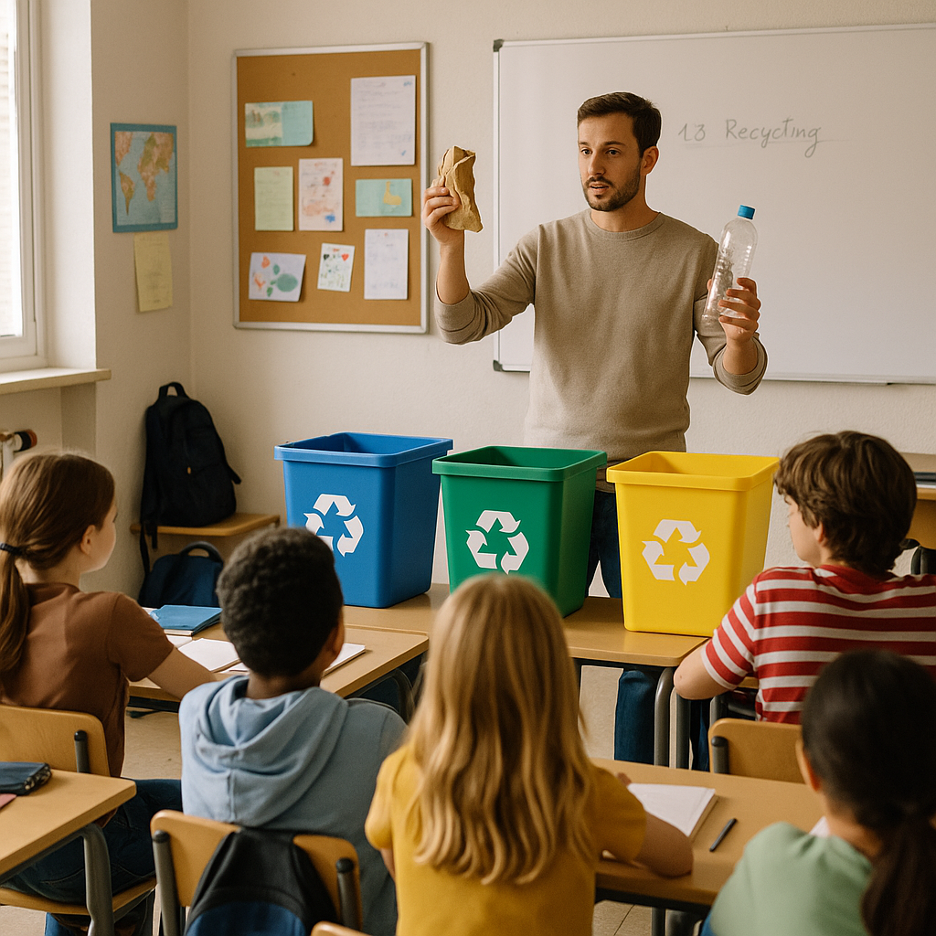 Teacher Demonstrating Recycling Process Teacher demonstrating recycling process to engaged students in classroom with colorful recycling bins present