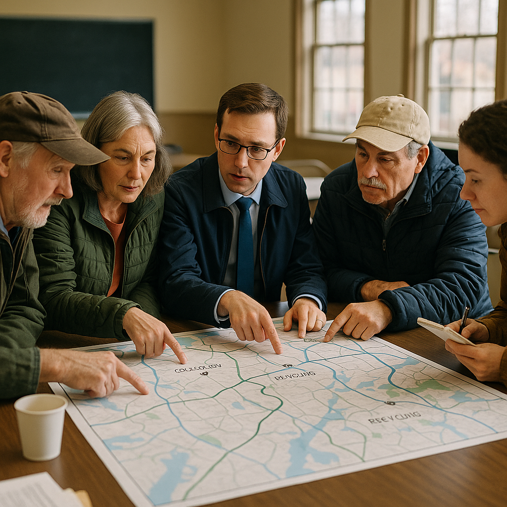 Town Hall Meeting on Recycling Plans Residents discussing plans at a town hall meeting, pointing at a large map with collection points and recycling routes marked.