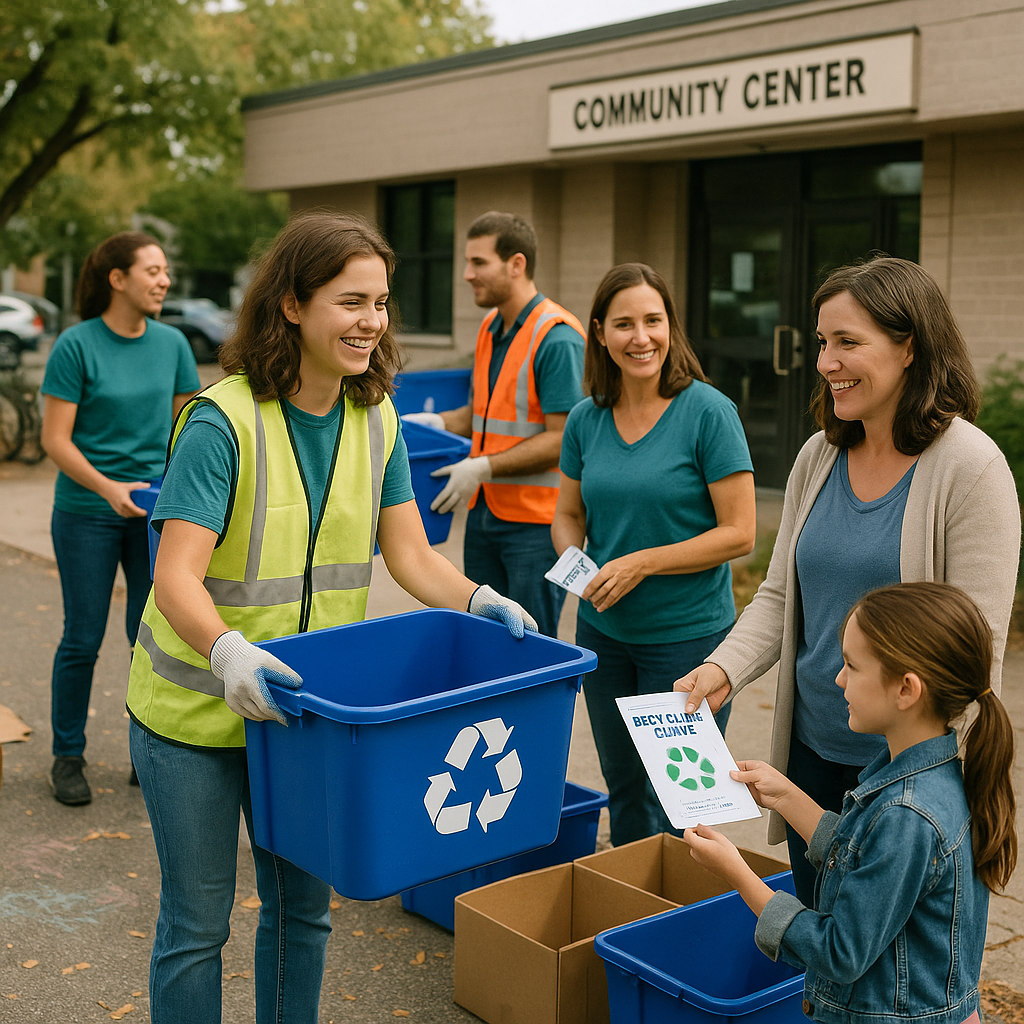 Volunteers Distributing Recycling Bins Volunteers distributing recycling bins and pamphlets to community members outside a local community center