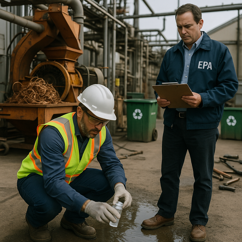 Water Quality Testing at Copper Recycling Plant Worker in protective gear testing water quality near copper recycling machinery, EPA inspector present