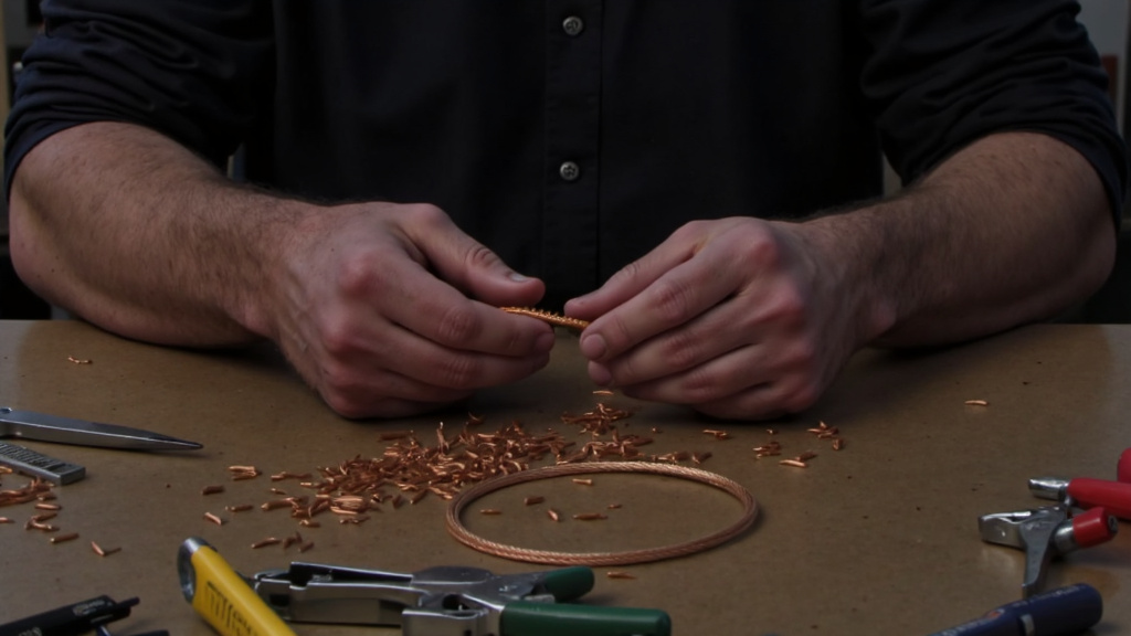 Wire Strippers in Action Person using wire strippers to remove insulation from copper pipes on a workbench.
