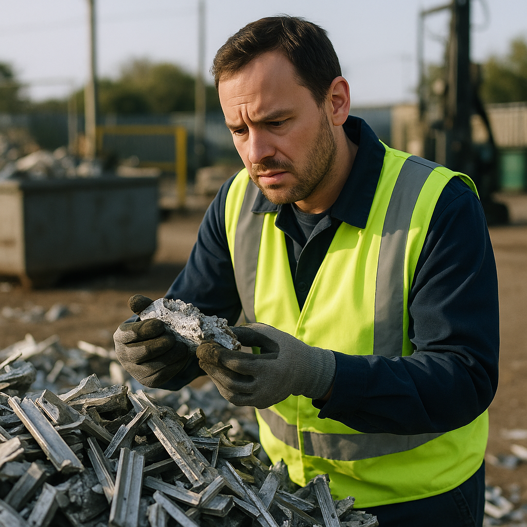 Worker Examining Contaminated Aluminum Scrap Worker examining contaminated aluminum scrap pile with a concerned expression in an industrial setting.