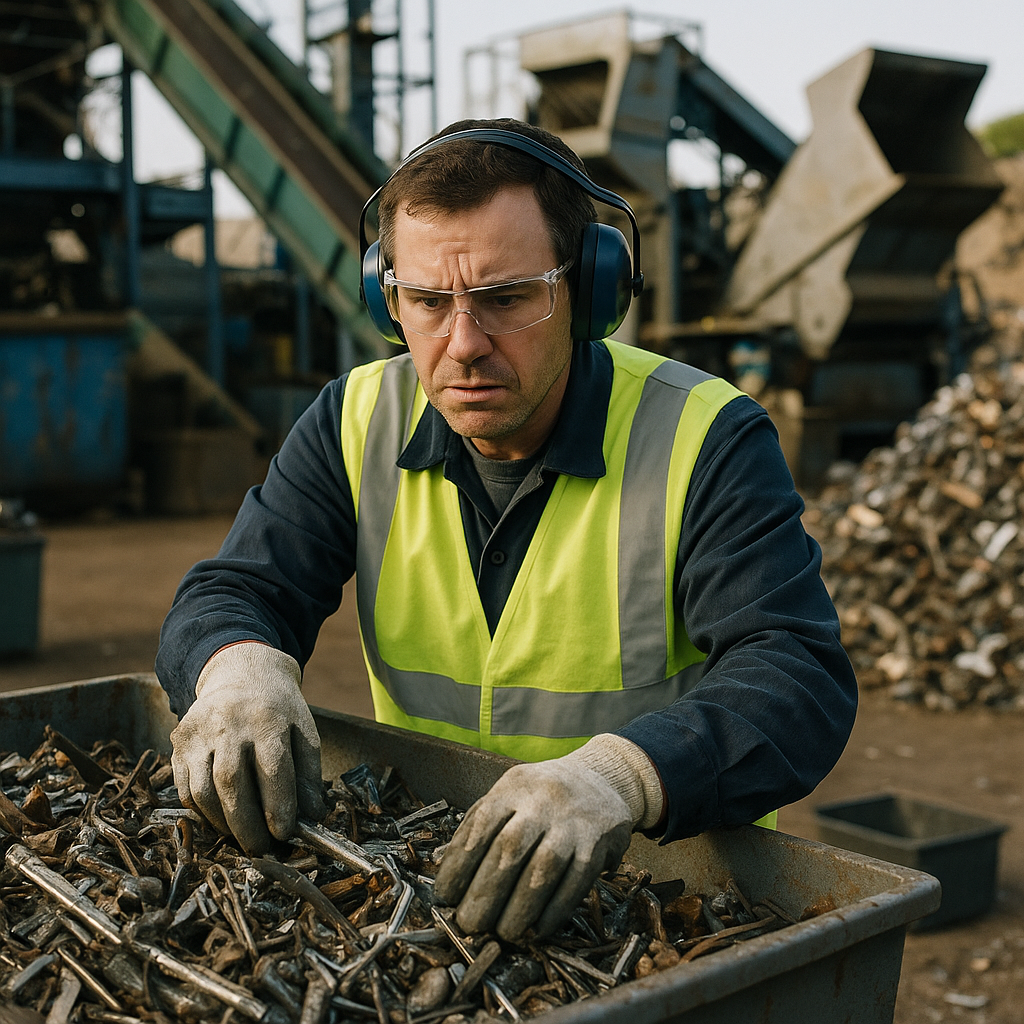Worker Sorting Metal Waste Worker in protective gear sorting mixed metal waste, with complex machinery in the background and a concerned expression.