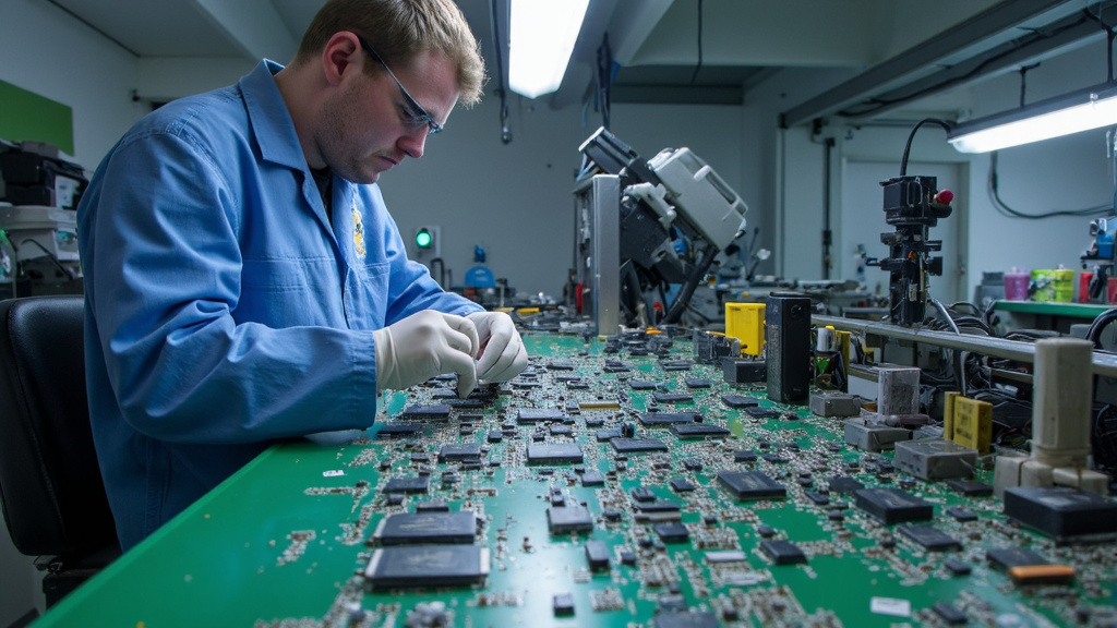 Worker Sorting Circuit Boards Worker in protective gear sorting through complex circuit boards, surrounded by various electronic components.