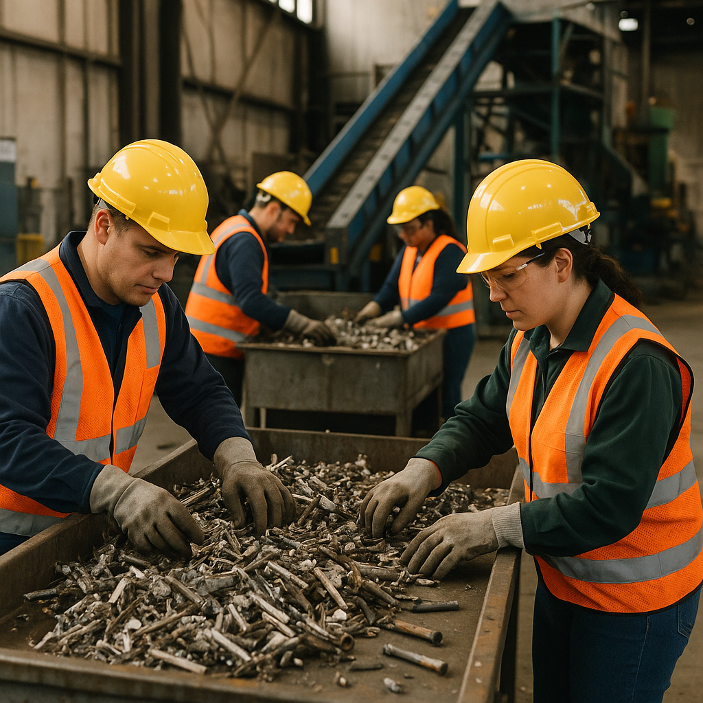 Workers Sorting Scrap Metal Workers in protective gear sorting large piles of scrap metal at a recycling facility with conveyor belts and machinery visible.