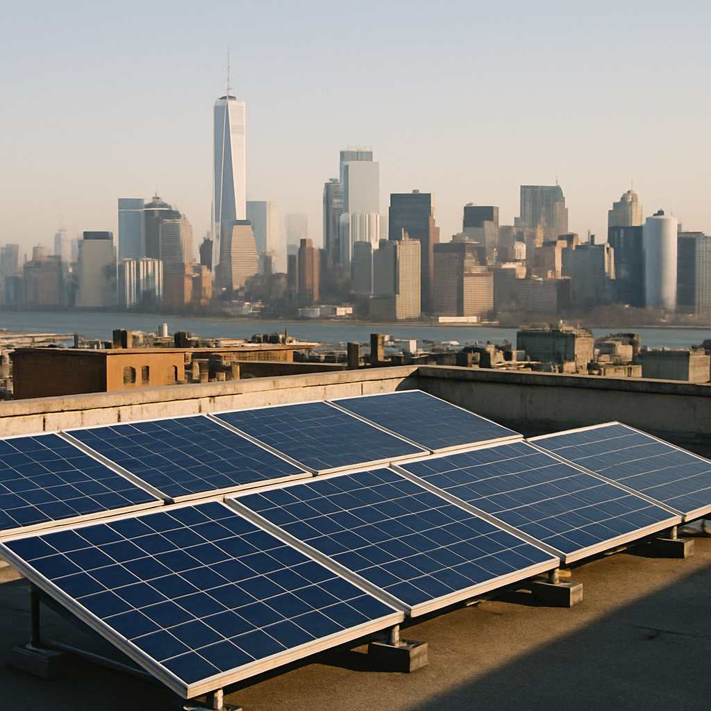 Time-lapse sequence showing gradual reduction in air pollution over city skyline with solar panels visible.
