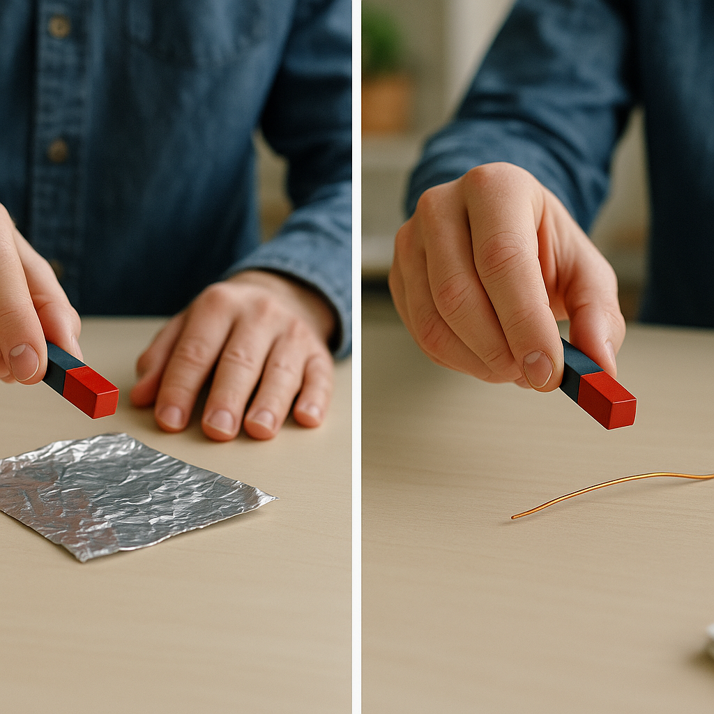 Split screen showing aluminum foil slightly attracted to magnet and copper wire slightly repelled on clean tabletop.