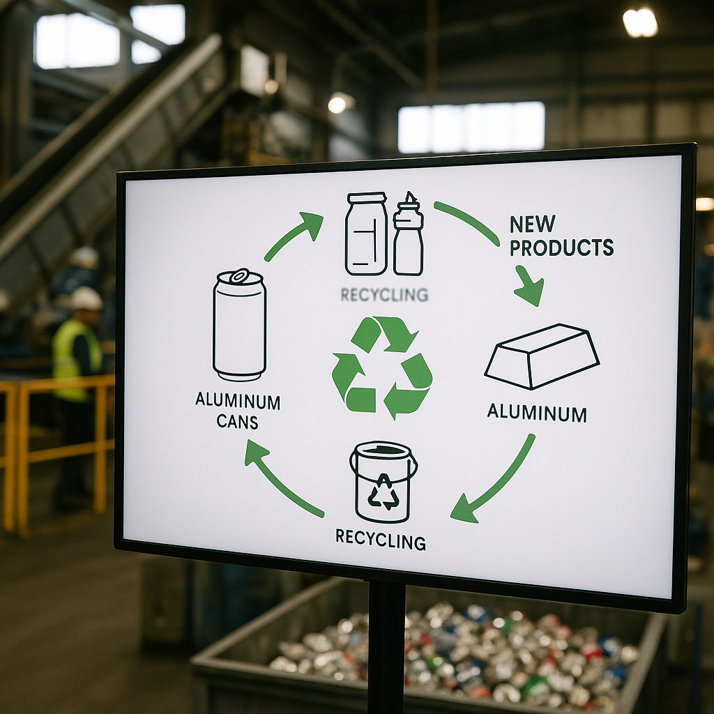 Aluminum Cans Recycling Process Circular diagram showing the transformation of aluminum cans into new products in a recycling plant