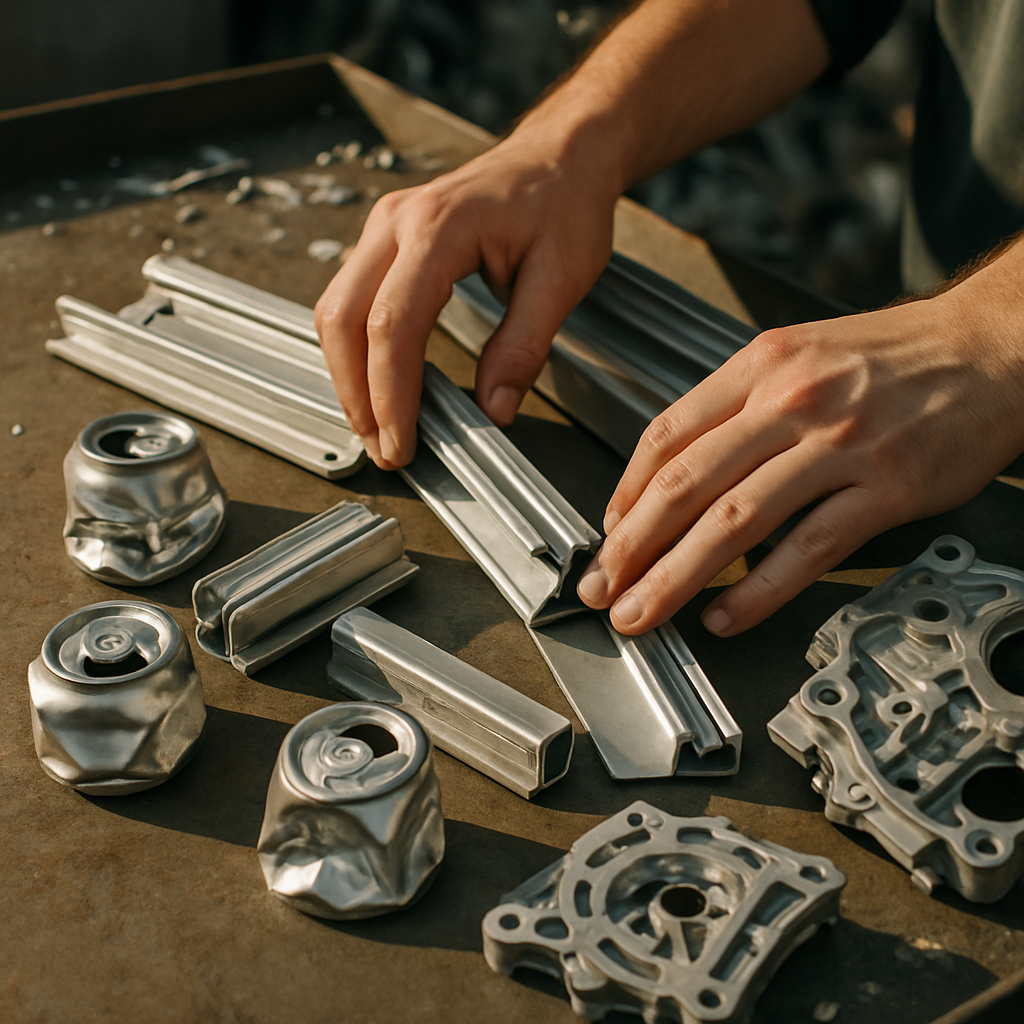 Sorting Aluminum Scrap at Recycling Facility Close-up of hands sorting various aluminum scrap pieces including soda cans, window frames, and car engine parts on a metal table at a recycling facility.