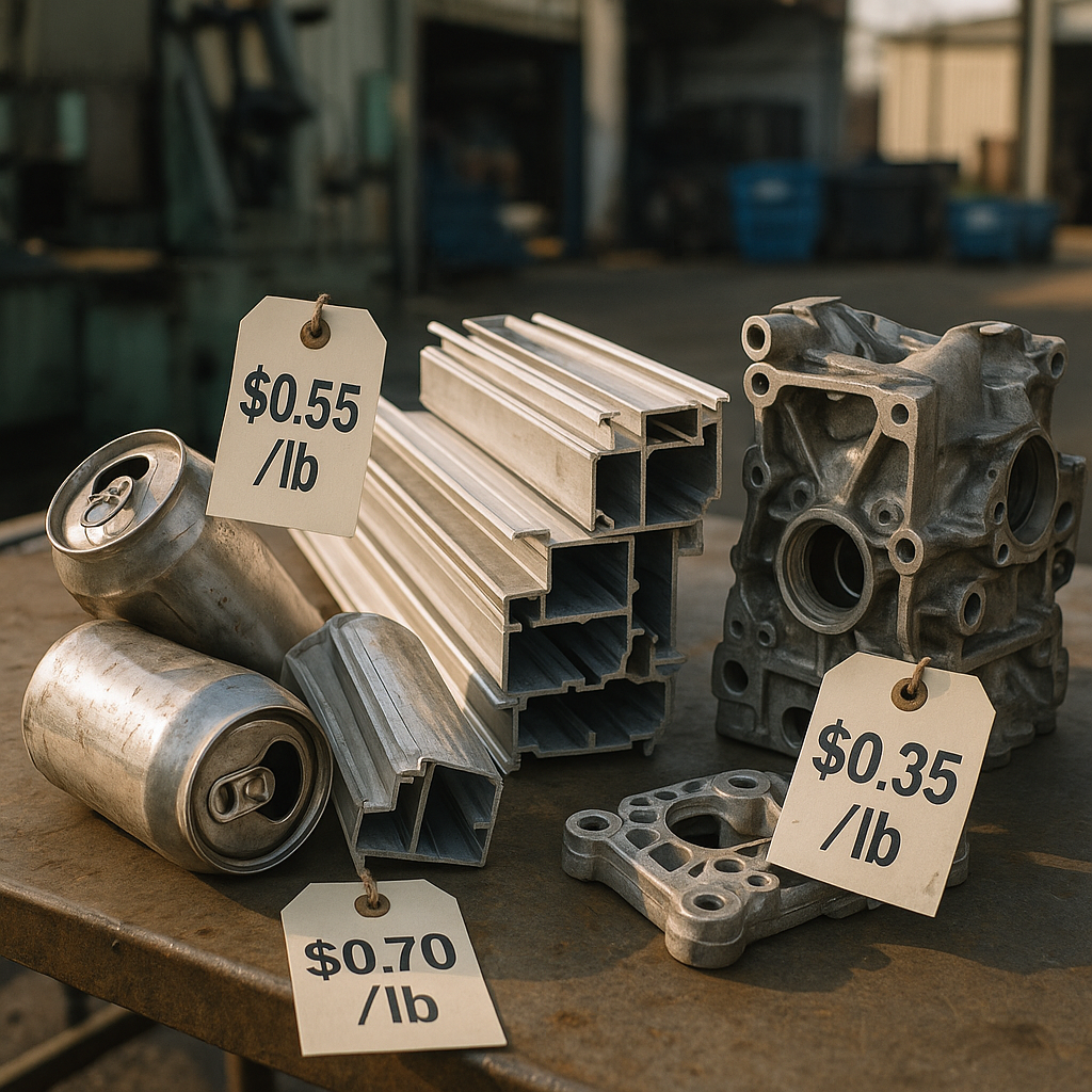 Aluminum Scrap Collection Variety of aluminum scrap pieces including cans, window frames, and engine parts on a sorting table with price tags attached.