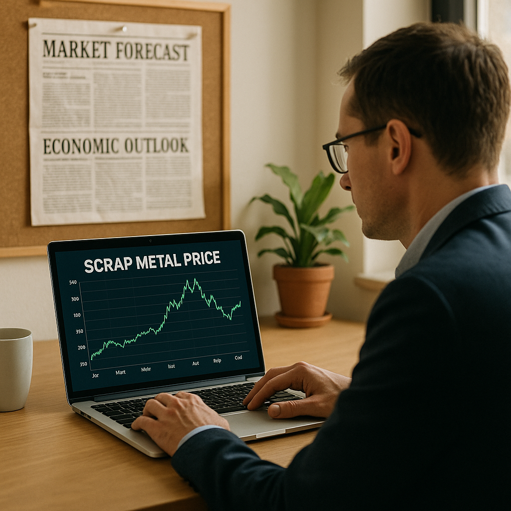 Analyst Tracking Scrap Metal Prices Analyst tracking scrap metal price chart on a laptop with newspaper headlines about market forecasts in the background.