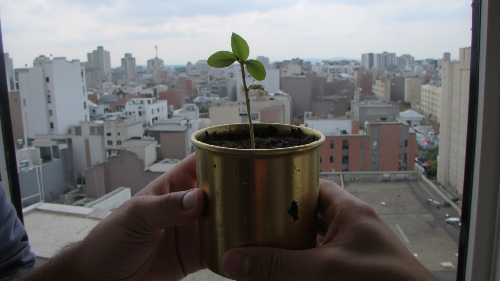 Brass Plant Pot with Seedling Hands holding a small brass plant pot with a green seedling against a cityscape background.
