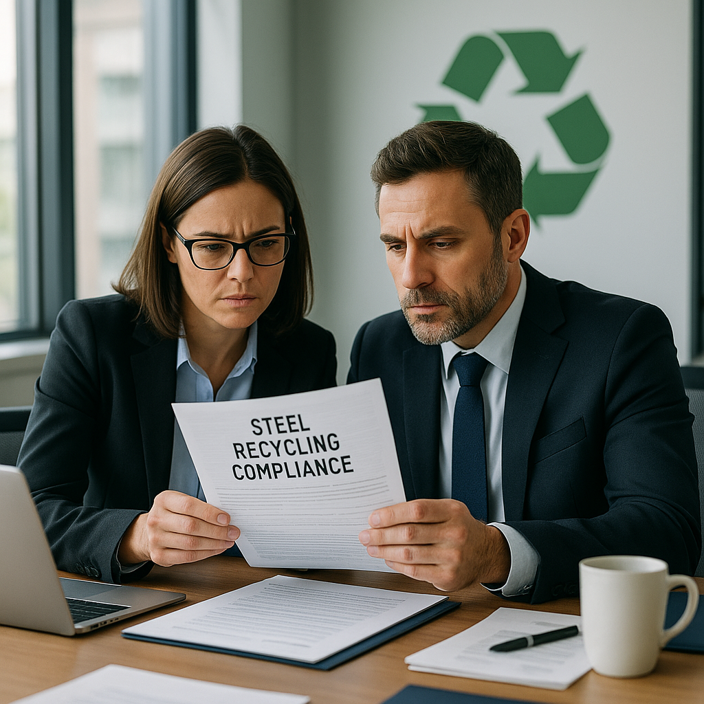 Steel Recycling Compliance Review Business professionals reviewing steel recycling compliance documents in a modern office with a recycling symbol on the wall.