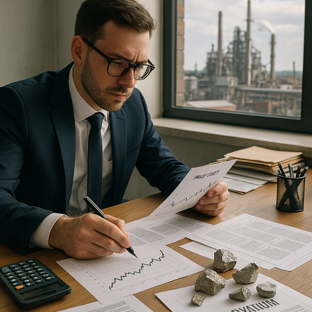 Businessman Analyzing Neodymium Materials Businessman analyzing price charts and neodymium material samples on a desk with a calculator, documents, and an industrial factory background visible through the window.