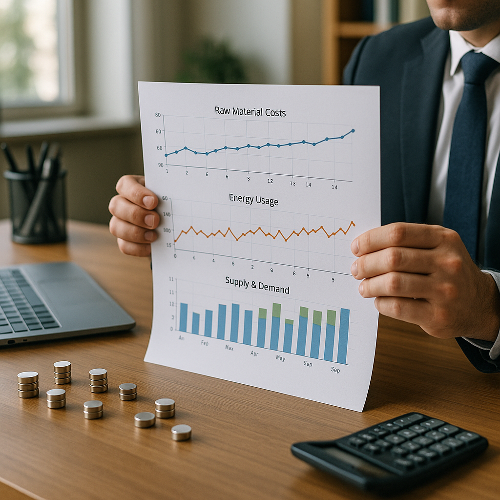 Businessman analyzing a sheet detailing raw materials, energy costs, and supply-demand charts beside neodymium magnets on his desk.