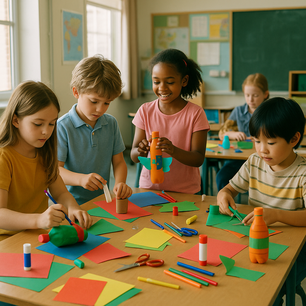 Creative Crafting in Class Children gathered around a table creating colorful crafts with recycled materials in a bright classroom setting.