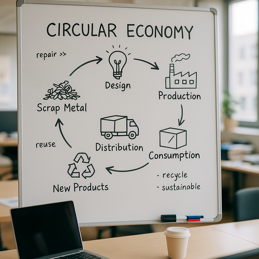 Diagram of circular economy on a whiteboard with arrows connecting scrap metal to new products in a bright office setting.