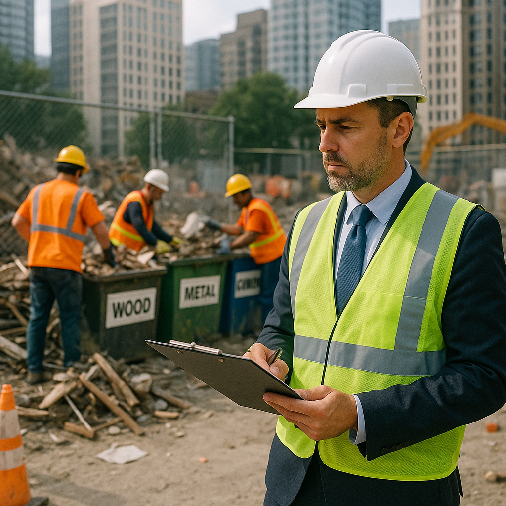City official inspecting a construction site with recycling bins and signage, urban background, workers sorting debris.