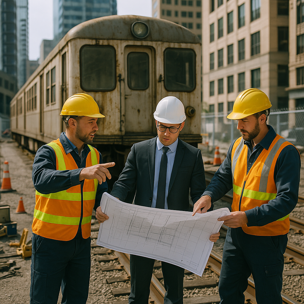 Inspection of Old Train Car by City Workers and Architects City workers and architects inspecting an old train car in an urban setting, discussing blueprints in realistic daylight.