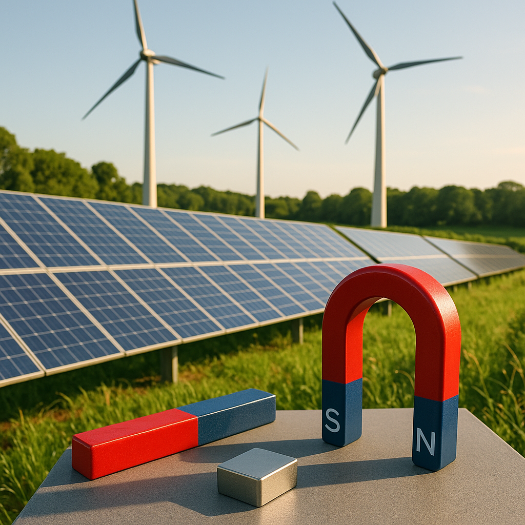 Clean Energy Facility with Solar Panels and Wind Turbines Clean energy facility featuring solar panels and wind turbines with industrial magnets on display against a clear sky and green landscape.