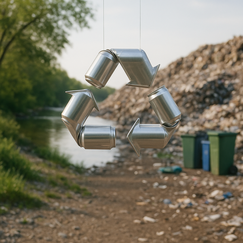 Clean River and Reduced Landfill with Recycling Symbol Split-screen image of a clean river alongside a reduced landfill, with a recycling symbol made of aluminum cans above.