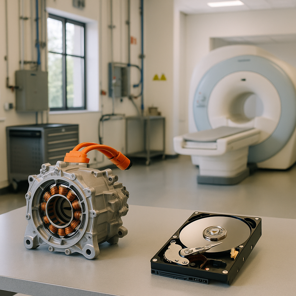 Cobalt-Based Products Montage Montage of cobalt-based products, including an electric car motor, hard drive, and MRI machine in a modern facility.