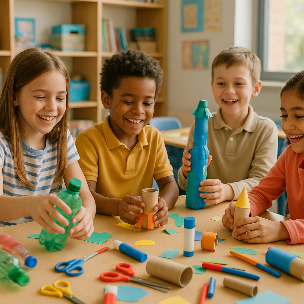 Children Making Colorful Crafts Children happily making colorful crafts from plastic bottles, cardboard, and paper rolls at a classroom table