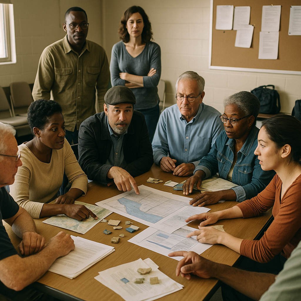 Community leaders and residents collaborating in a meeting room, discussing over documents and scrap items, with determined expressions.