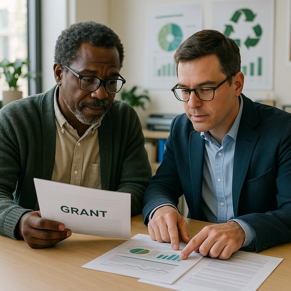 Community Leader Grant Review Community leader and city official reviewing grant documents at a desk with recycling bins and charts in the background in a bright office setting.