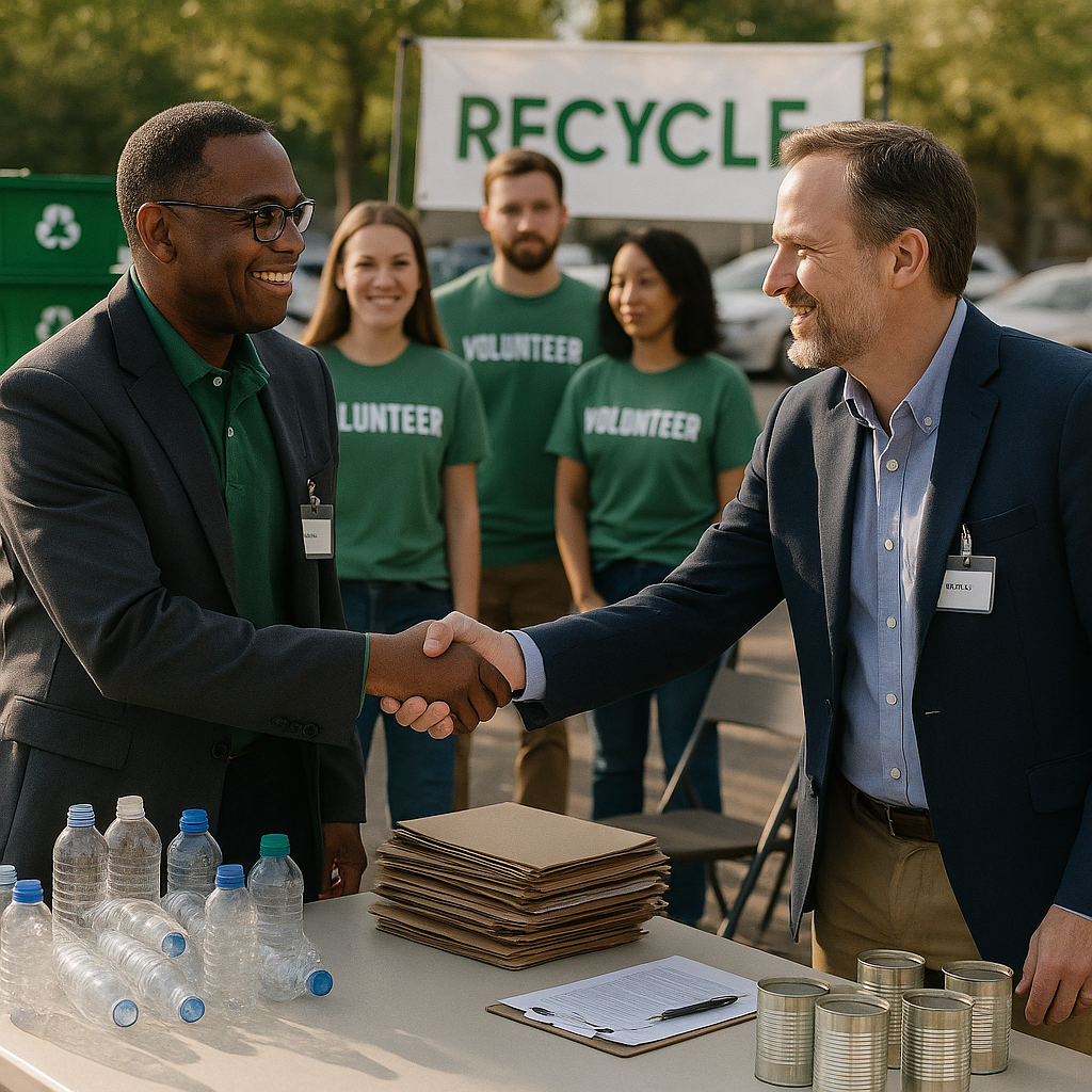 Community Leaders Handshake Over Recyclables Community leaders and local business representatives shaking hands over a table filled with sorted recyclables in a friendly atmosphere during daylight.