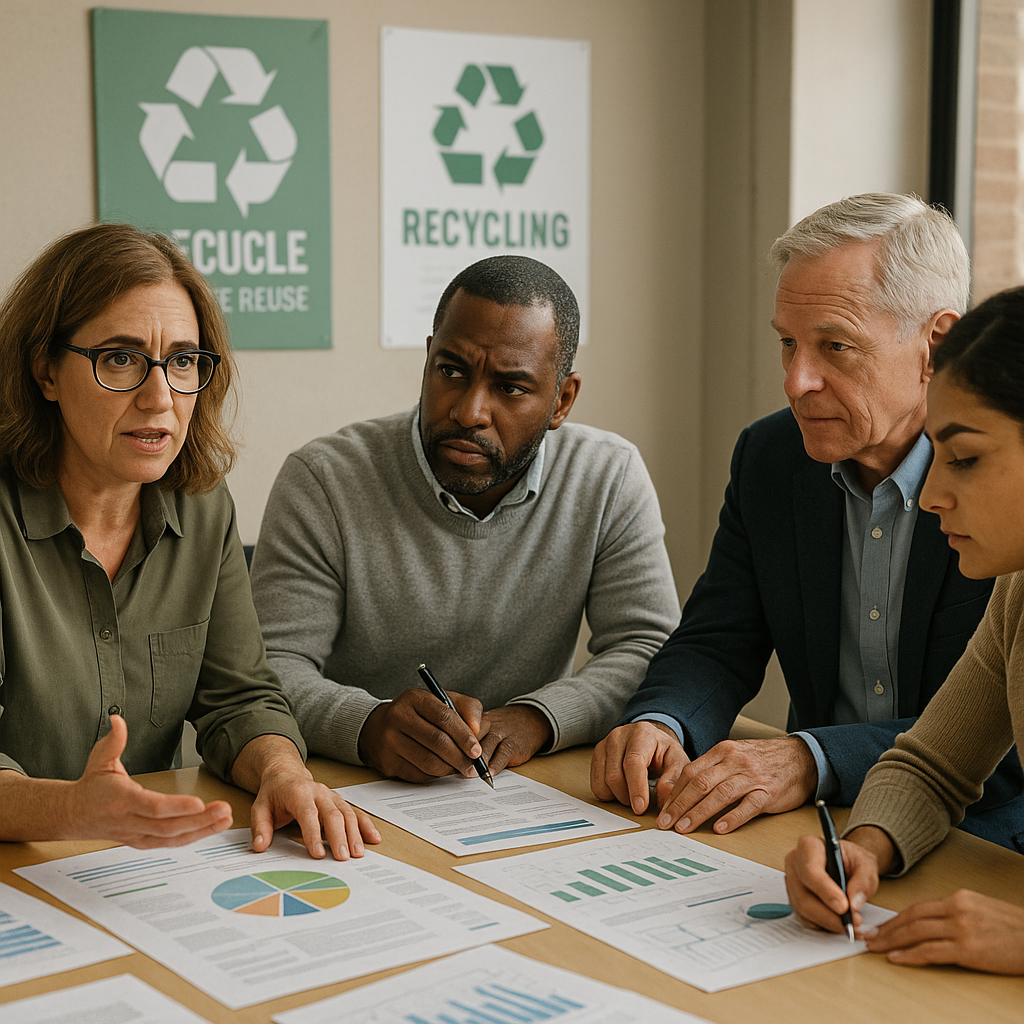 Community Leaders Discussing Recycling Plans Community leaders discussing recycling plans around a table covered with charts and recycling posters on the wall, focused expressions.
