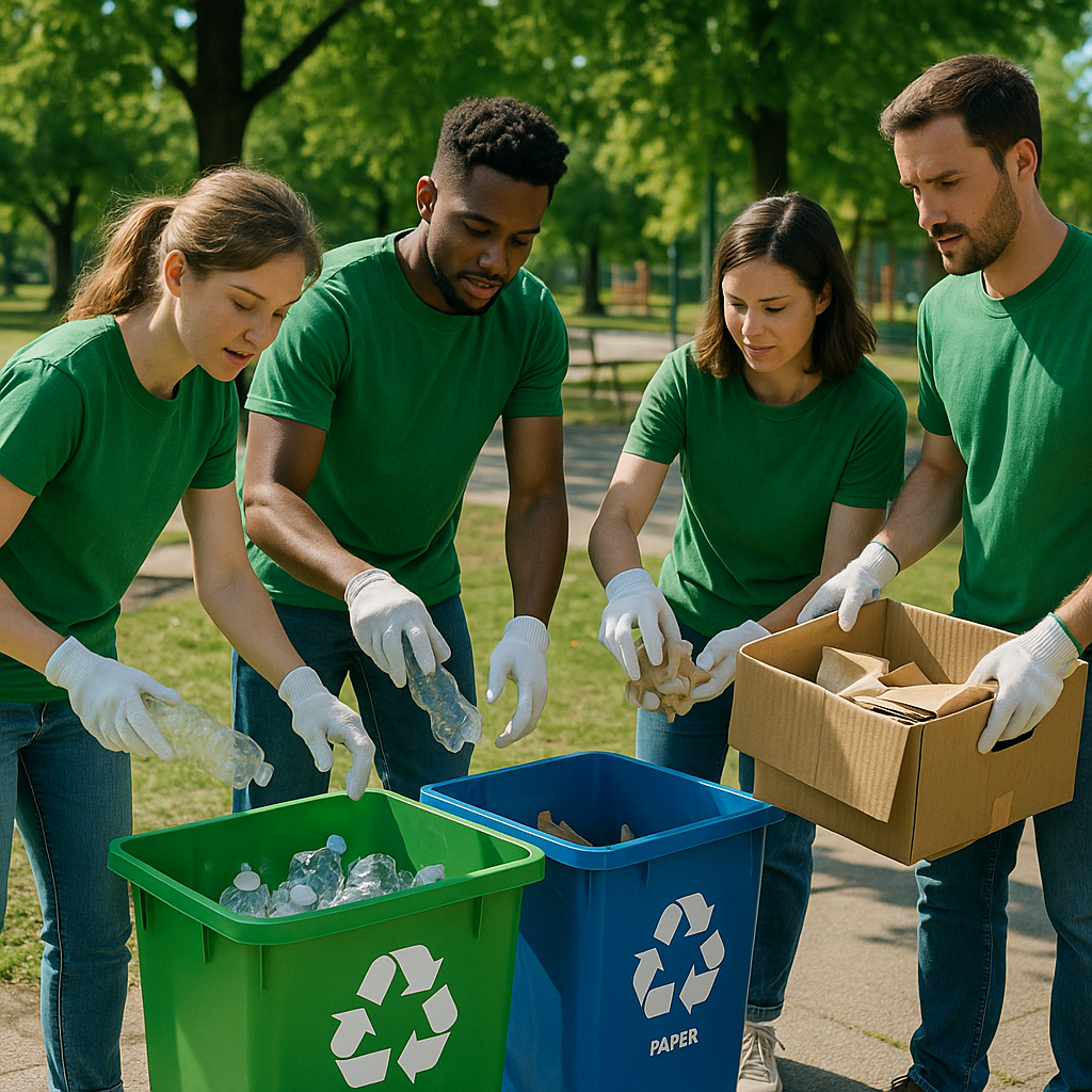 Community Park Recycling Initiative Volunteers sorting plastic and paper waste into recycling bins at a community park with lush greenery around them