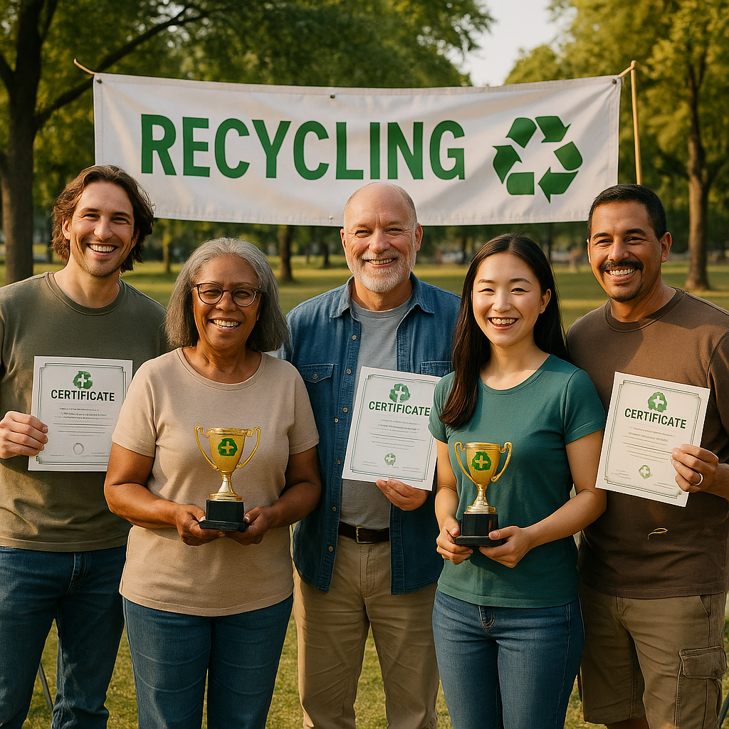 Community Recycling Achievements Ceremony Smiling community members receiving certificates and trophies for recycling achievements at a small outdoor ceremony