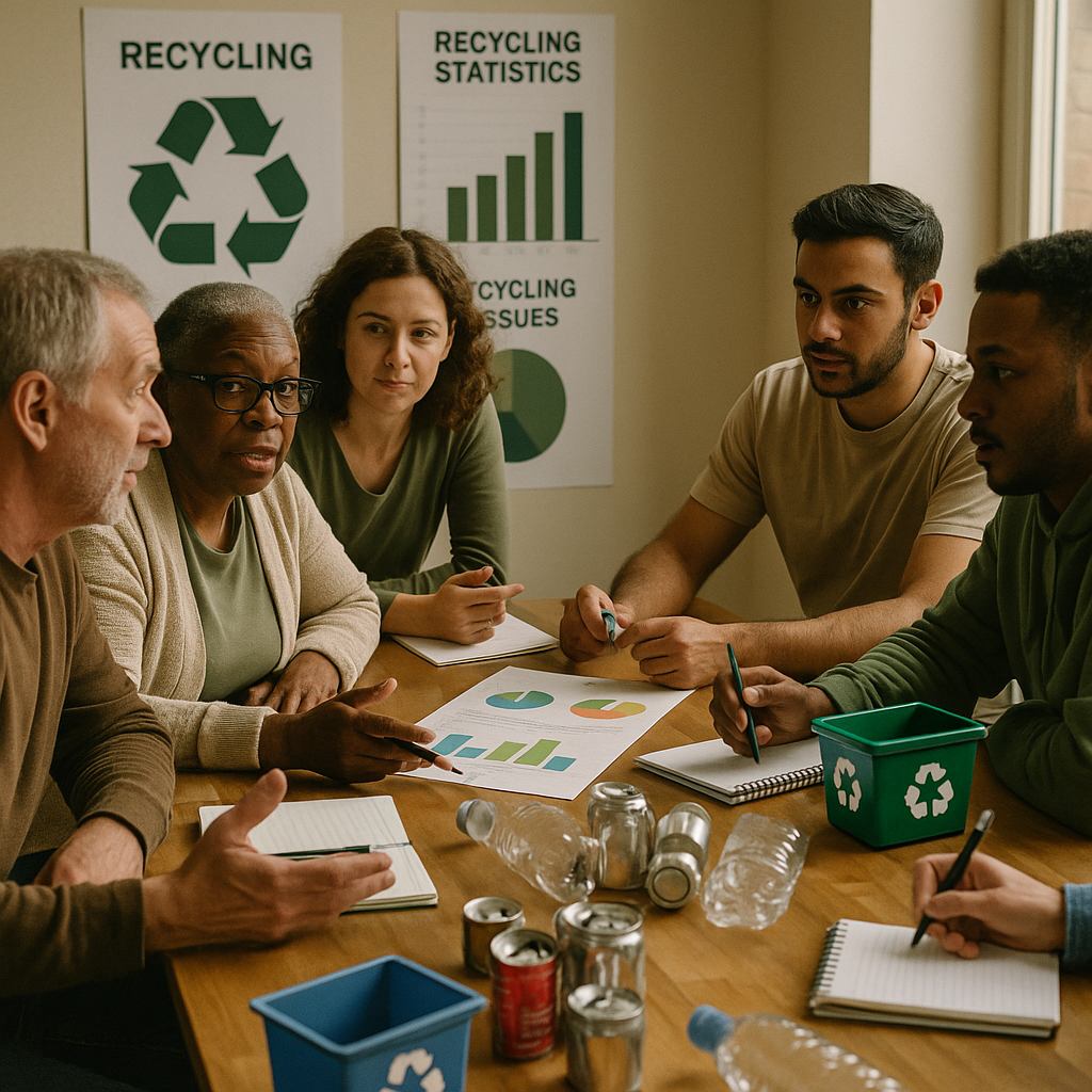 Community Collaboration on Recycling Solutions Community members collaboratively solving recycling issues around a table with charts and materials, showcasing determination in a supportive environment.